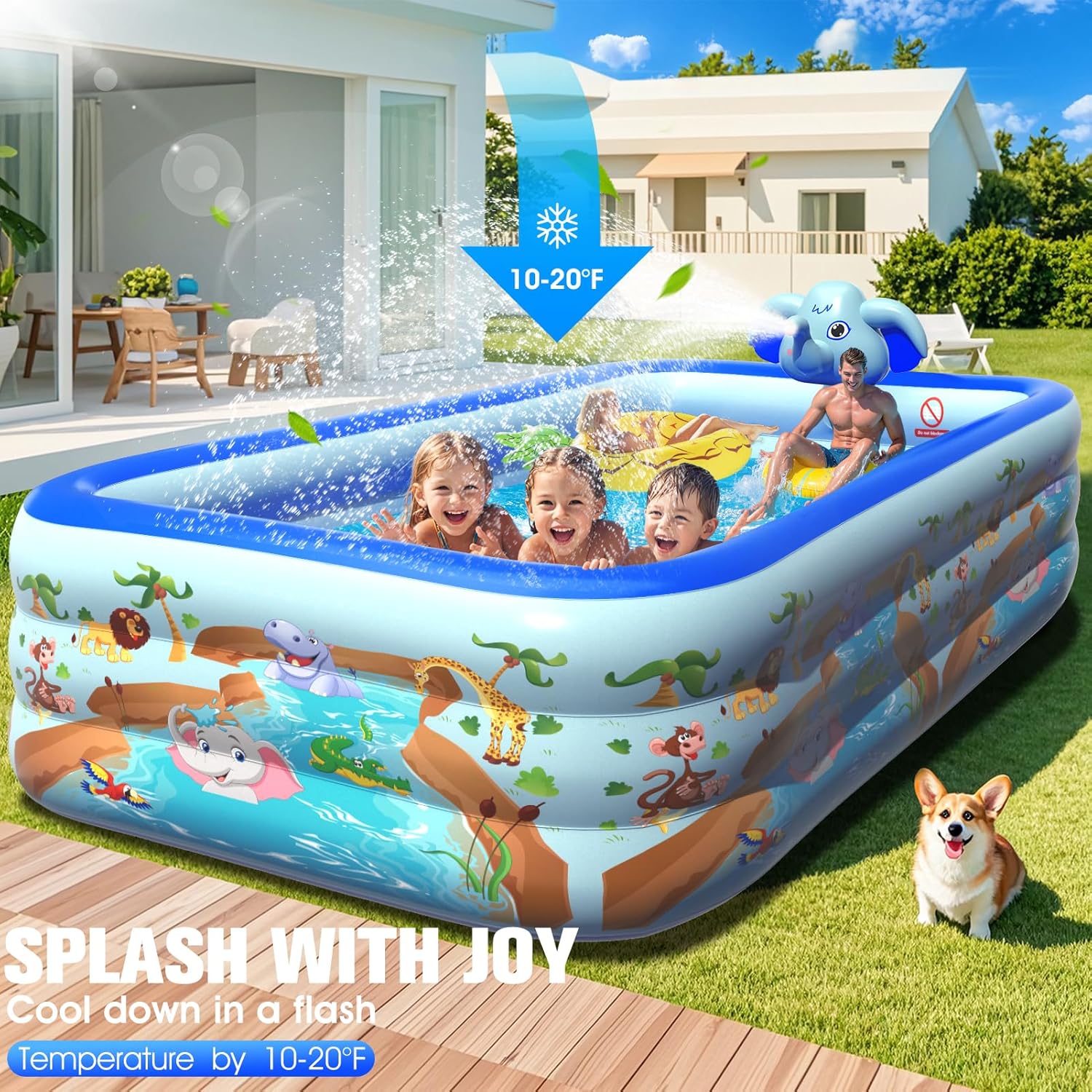 Inflatable Pools with Sprinkler,Upgraded Elephant Inflatable Swimming Pool,Kids Pools for Backyard,Large Inflatable Pool for Adults Blow up Pools,Oversized Thickened Family Inflatable Pool-Multi color
