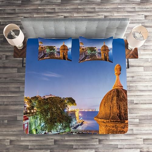 Miniatura 3 de Lunarable Puerto Rico Coverlet, Coast at Paseo de la Princesa Retro Style Architectural Elements Photography, 3 Piece Decorative Quilted Bedspread