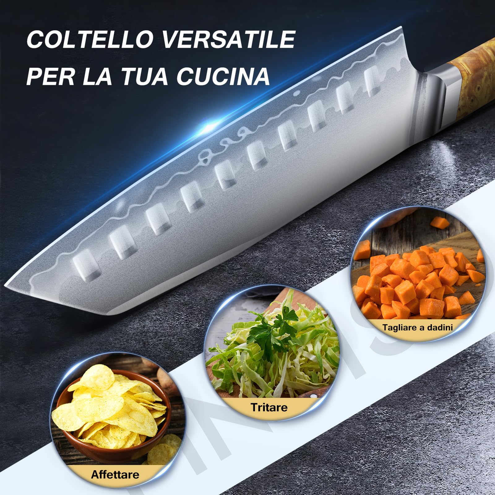 FINTISO Coltello Santoku da 18 cm, Coltello da Chef Giapponese Ultra Affilato con Nucleo in Acciaio in Polvere S35VN, 7 Strati di Acciaio Laminato, Manico in Resina Celeste e Legno Stabilizzato