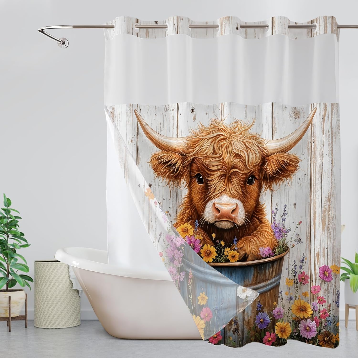 Rustic Forest Cabin Hookless Shower Curtain with Snap in Liner Wild Animal Deer Bear Mushroom and Mountain No Hook Shower Curtain and Liner Set for Bathroom Decor, 71W X 74L inches