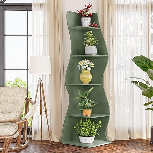 Miniatura 6 de LITTLE TREE Estantería esquinera pequeña, moderna estantería de esquina de pared de 5 niveles, elegante estante de almacenamiento para espacios