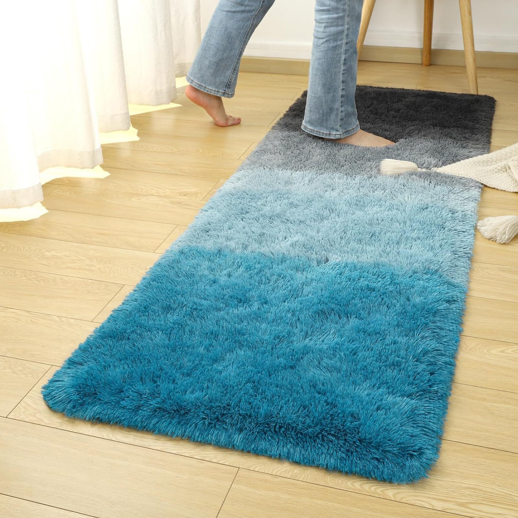 Alfombra Antideslizante 150 x 400 cm, Felpa Sedosa La Pelusa Mullida, Suave Al Tacto, Rectangular Varios Tamaños, para Interior, Baño Panorama Alfombra Vinílica,Azul Grisáce