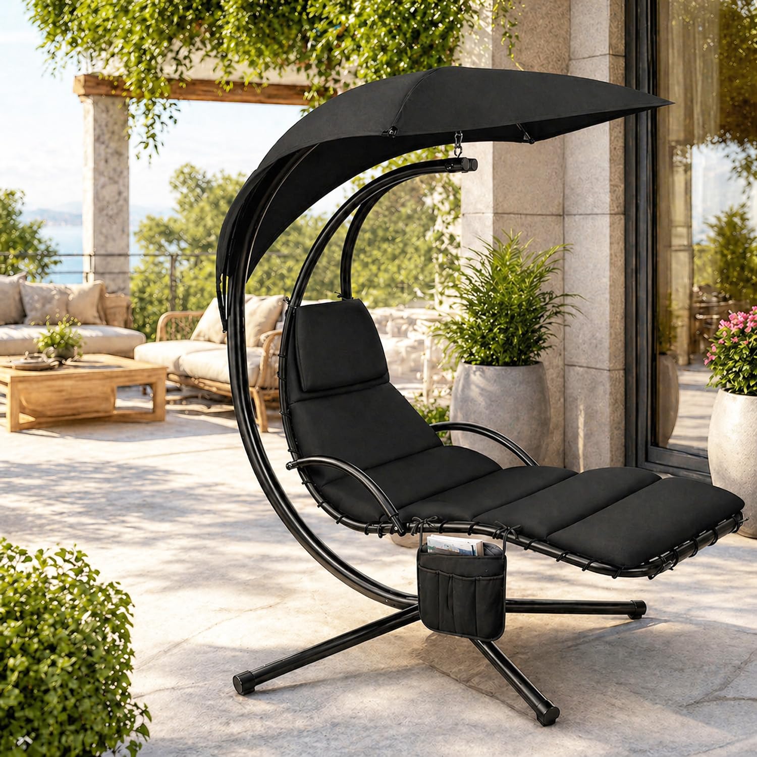 Sdraio Sospesa Con Ombrellone Parasole Integrato E Cuscino Imbottito Ergonomica Amaca Da Giardino In Acciaio E Poliestere Per Esterno Terrazzo E Bordo Piscina 195 x 132 x 197 Cm Nero