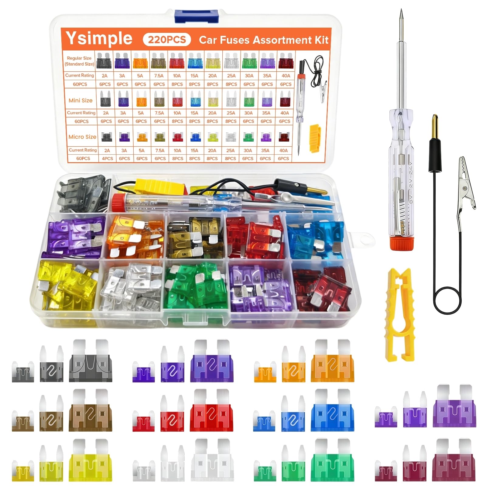 Ysimple 220Pcs Kfz Sicherung Set, Auto Sicherungen 2A-40A Standard/Mini/Micro mit Stromkreis Teststift und Sicherung Sicherungszieher, Wasserdicht Flachsicherungen Kfz, für Pkw Wohnmobil LKW Motorrad