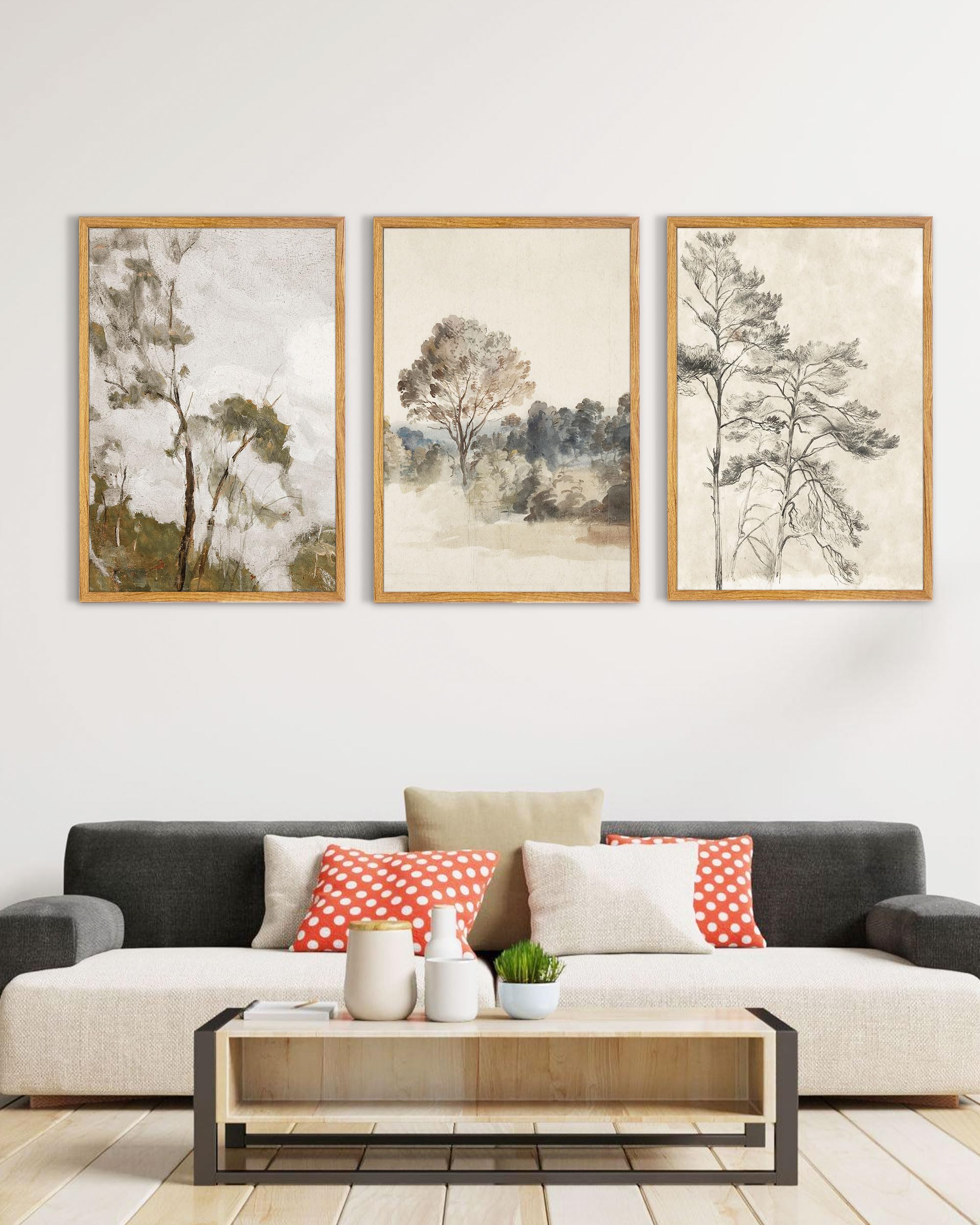 UPWOIGH Großes Wandkunst-Set, gerahmt, neutrale Landschaftsdrucke, Vintage-Baum-Poster, Dekoration für Wohnzimmer, Schlafzimmer, Büro, Bauernhaus, ästhetisch, Baumwoll-Leinwand, Geschenk, 3 Stück