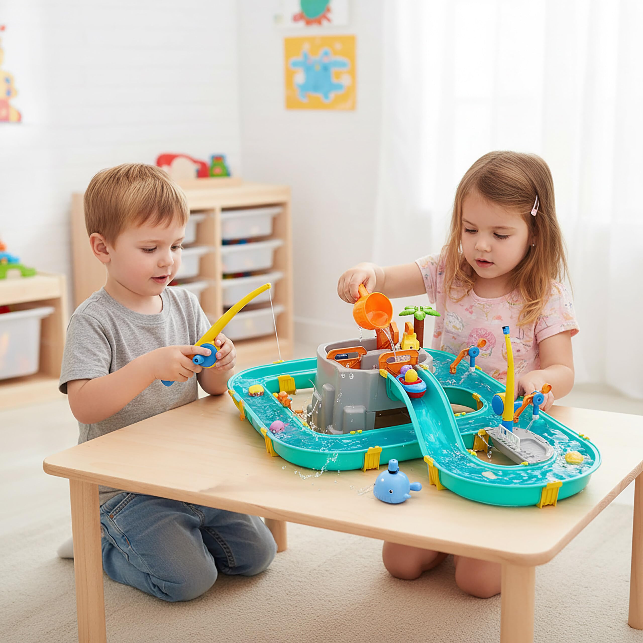 Relaxdays Pista de Agua para niños, Exterior, con Barcos y cañas, plástico Multicolor, 71x71x101 cm