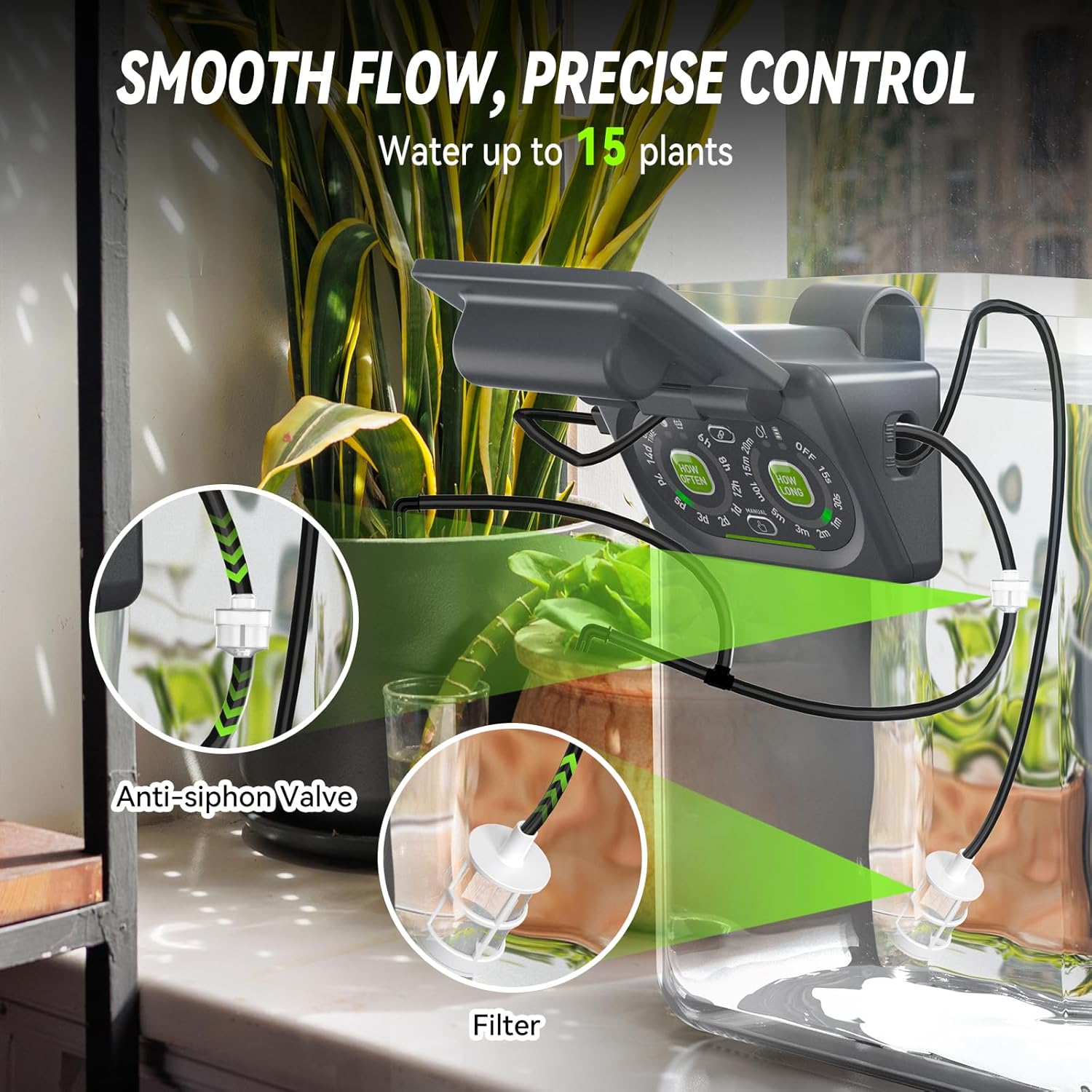 Close-up of the RAINPOINT system showing the anti-siphon valve and filter components.