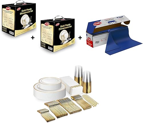Dos juegos de 225 piezas de vajilla de plástico desechables con borde dorado + rollo de mantel de plástico, mantel impermeable de 54 pulgadas x 108