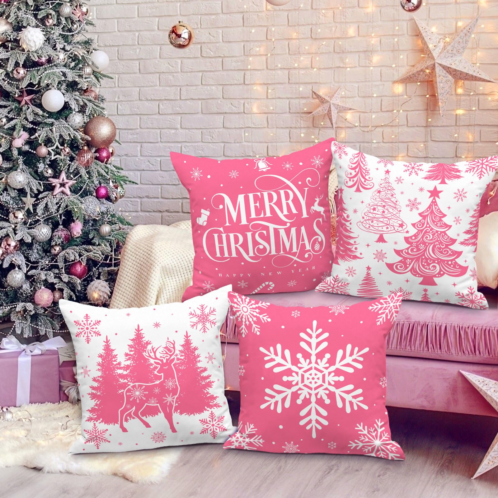 Lanpn 40x40 cm Pink Christmas Pillow Covers Set of 4, Christmas Decorations Pillowcase, Winter Decorative Pillow Case - Image 4