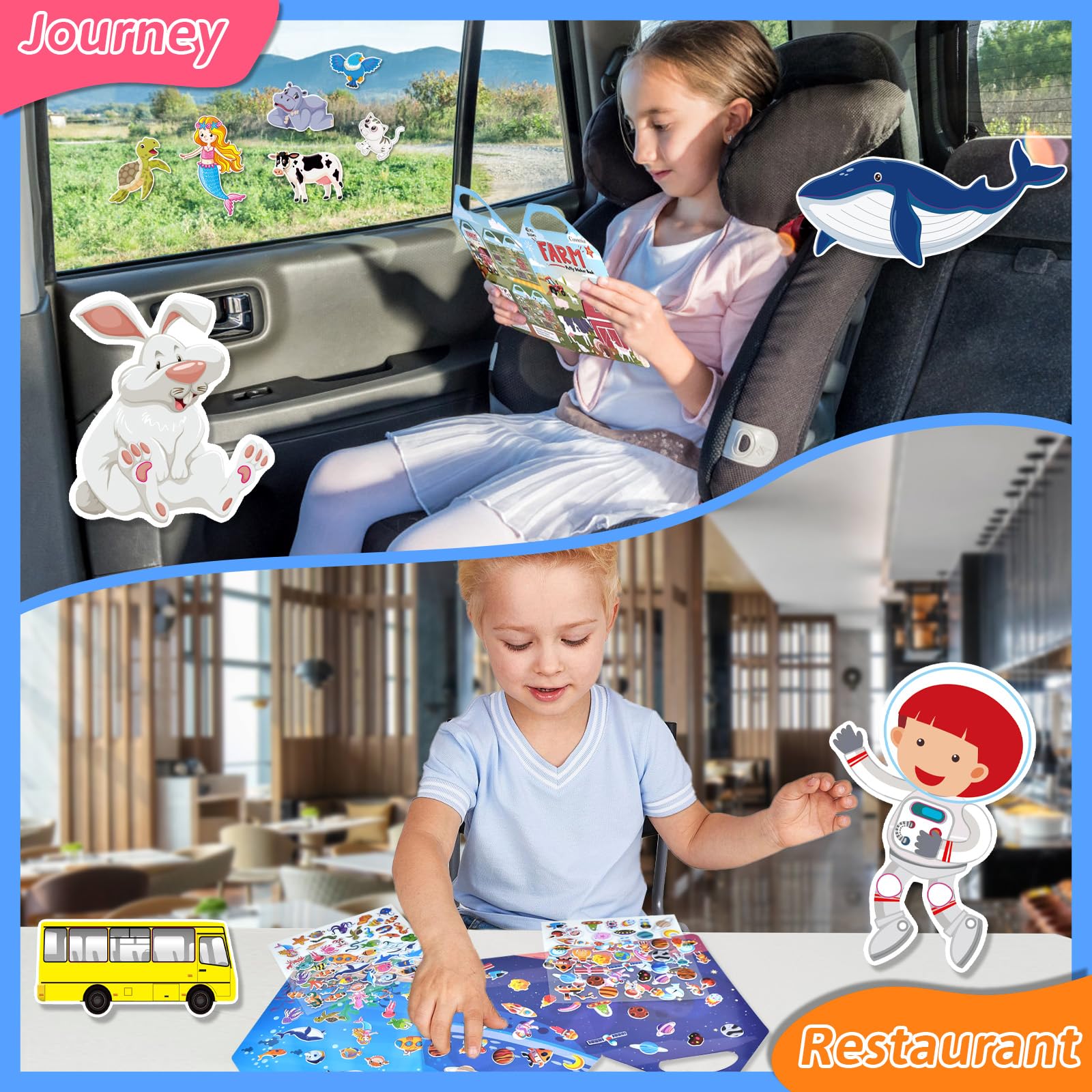 Zestaw 6 pufiastych naklejek dla dzieci, zwierząt, gospodarstwa, dinozaurów, kosmosu, pojazdów, oceanu, naklejek wielokrotnego użytku 3D dla chłopców i dziewcząt, naklejki podróżne dla dzieci w wieku