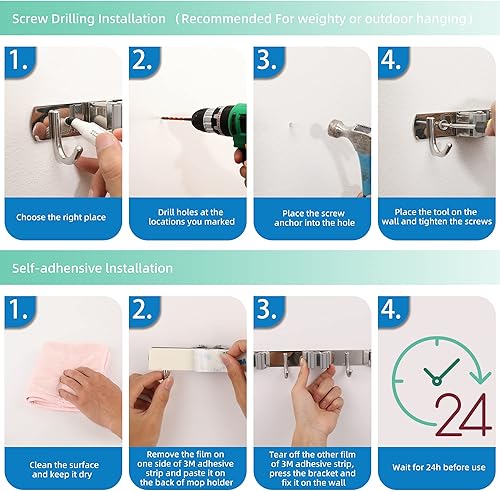 Miniatura 5 de Paquete de 2 soportes para fregona y escoba, organizador de escobas y trapeador para colgar en la pared, colgador de escoba de acero inoxidable,