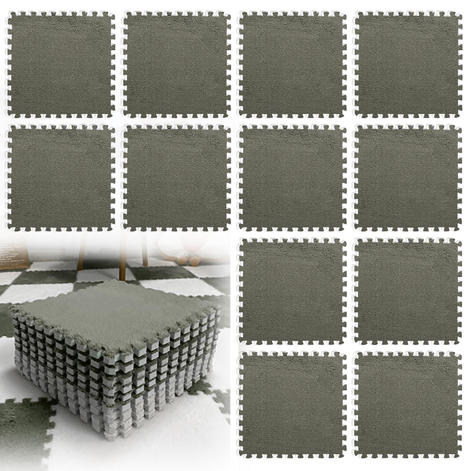 12 Piece Interlocking Foam Mats, Plush Fluffy EVA Puzzle Mat 30x30cm