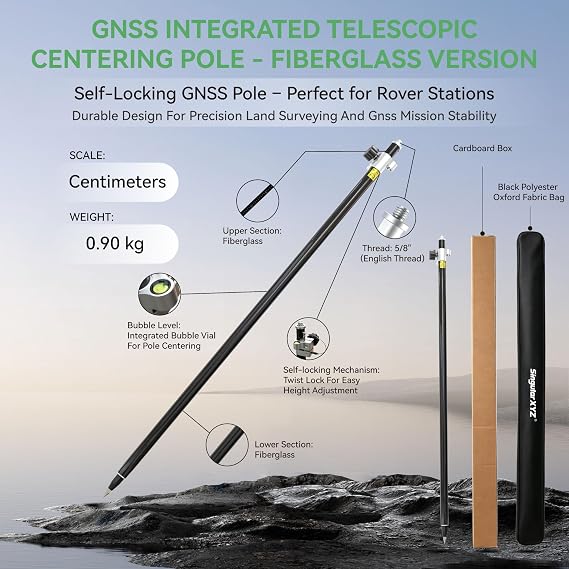 2.2 m / 7.22 ft Self-Locking Fiberglass GPS Survey Pole, GNSS Rover Rod Compatible with Trimble, 5/8 Thread, 125220 cm Adjustable, Twist-Lock, Lightweight Oxford Carry Bag for RTK Land Surveying