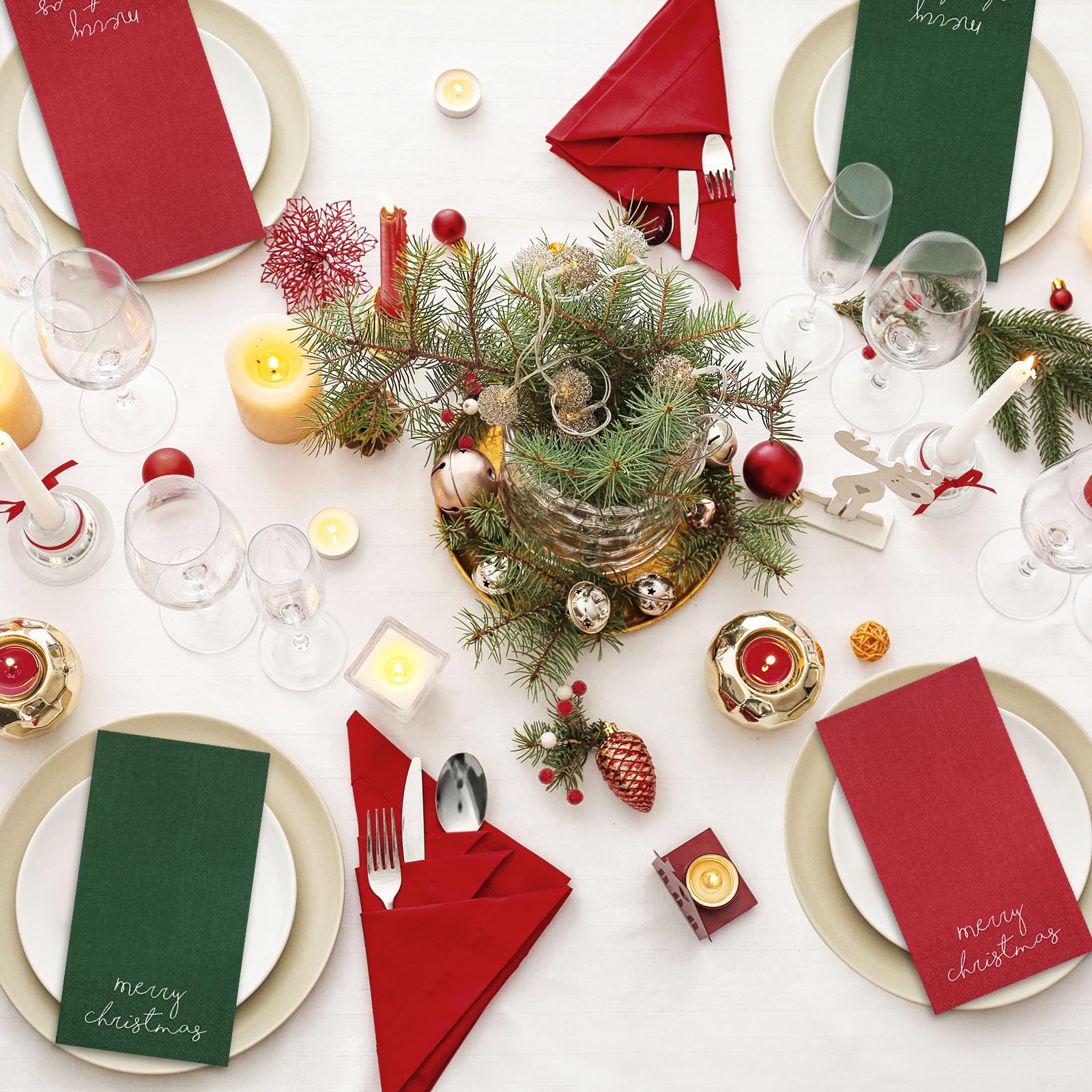 Whaline Lot de 200 serviettes de table jetables en papier pour invités de Noël Rouge/vert