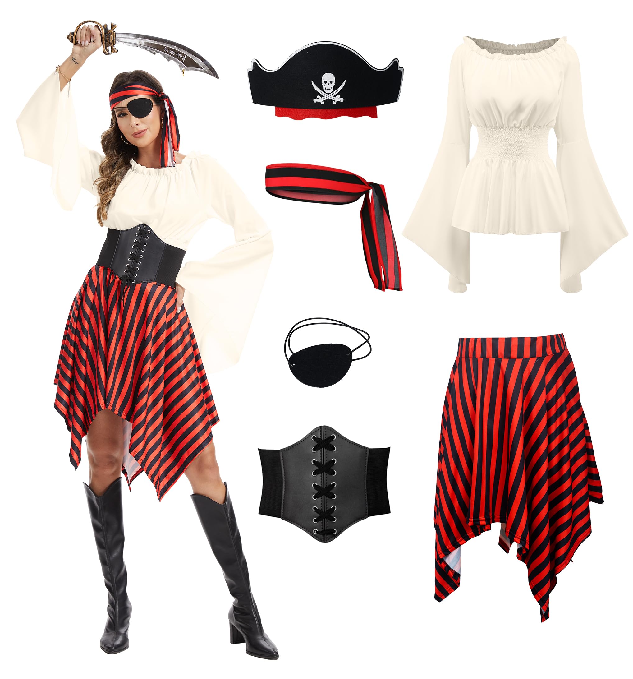 DARFULA 6 Pcs Womens Pirate Costume Renaissance Shirt Dress with Head Scarf Waist Belt Medieval Costume Accessory Sets