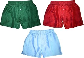 100% Pure Silk Boxers - Set of Three - RED, GREEN, BLUE - Sizes S-3XL