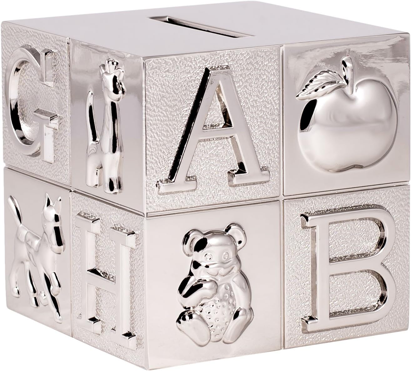 Creative Gifts International Pewter ABC Block Bank for Kids, Newborn Gift, Silver, 3”x3”x3”, Shiny Non-Tarnish Nickel Plated Finish, Polished Finish, Gift Box Included