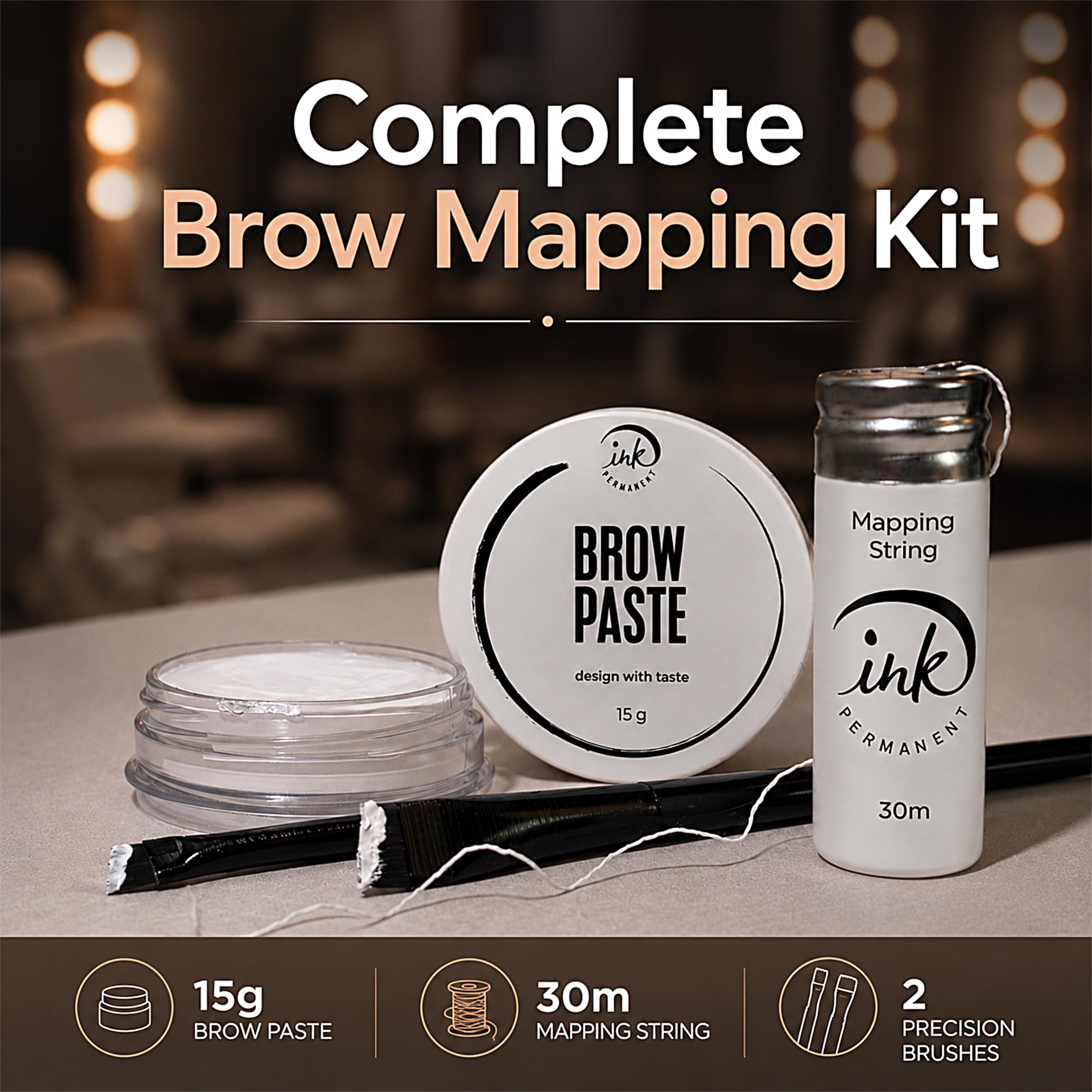 Kit de Mapeo para Cejas con Pasta Blanca [15 g], Hilo de Mapeo Blanco [100 pies] y 2 Brochas, Suministros para Microblading