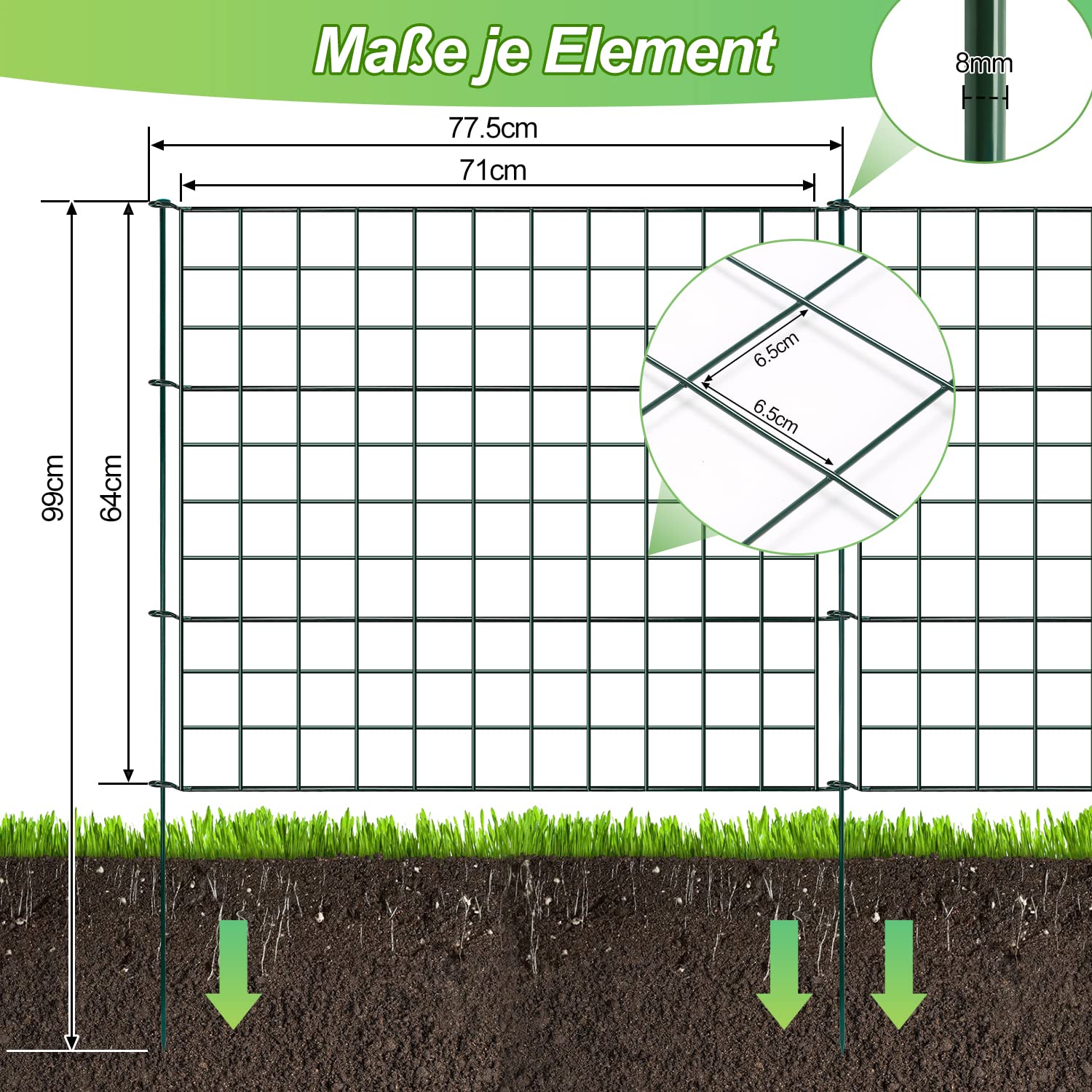 Teichzaun Gartenzaun Steckzaun Komplettset Metall 15 Zaunelemente Länge 11,25 m, Inkl 18 Befestigungsstäbe, Gerade Gitterzaun Set für Tierbarriere, Grün