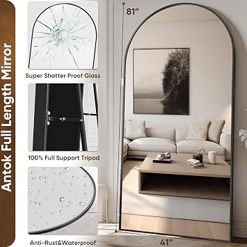 Antok Oversized Full Length Mirror with Stand, 81x41 Arched Floor Mirror, Aluminum Frame, Wall Mounted/Leaning/Free Standing, Large Body Mirror for Bedroom Living Room Entryway Dressing Room,Black