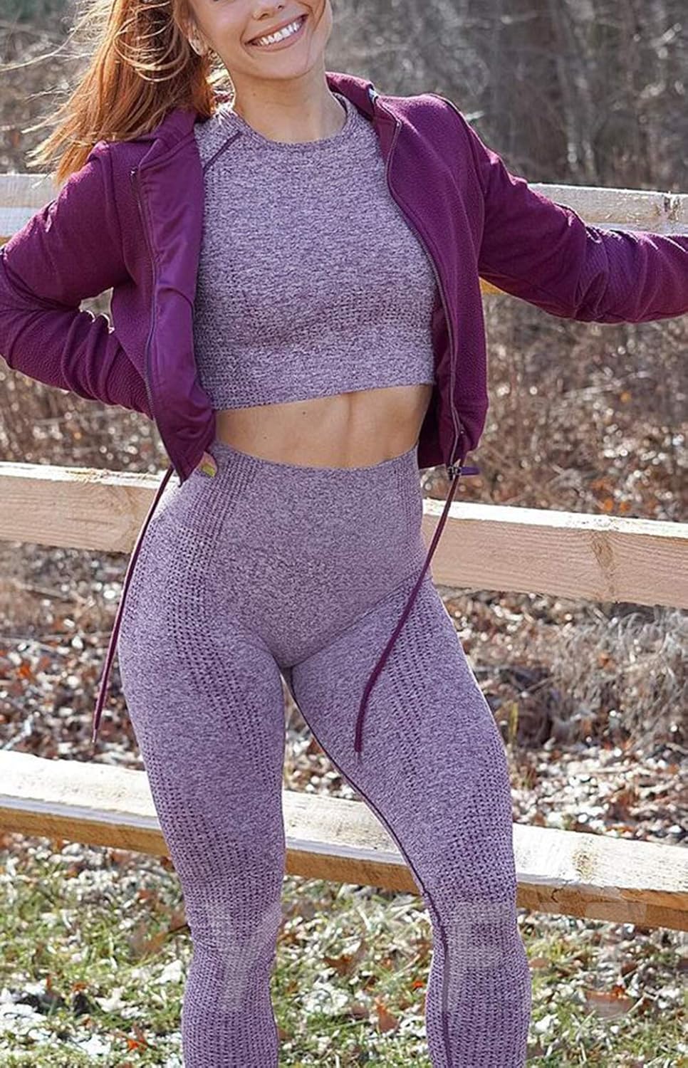 YOFIT Women's Workout Outfit 2 Pieces Seamless High Waist Yoga Leggings with Long Sleeve Crop Top Gym Clothes Set - Image 5