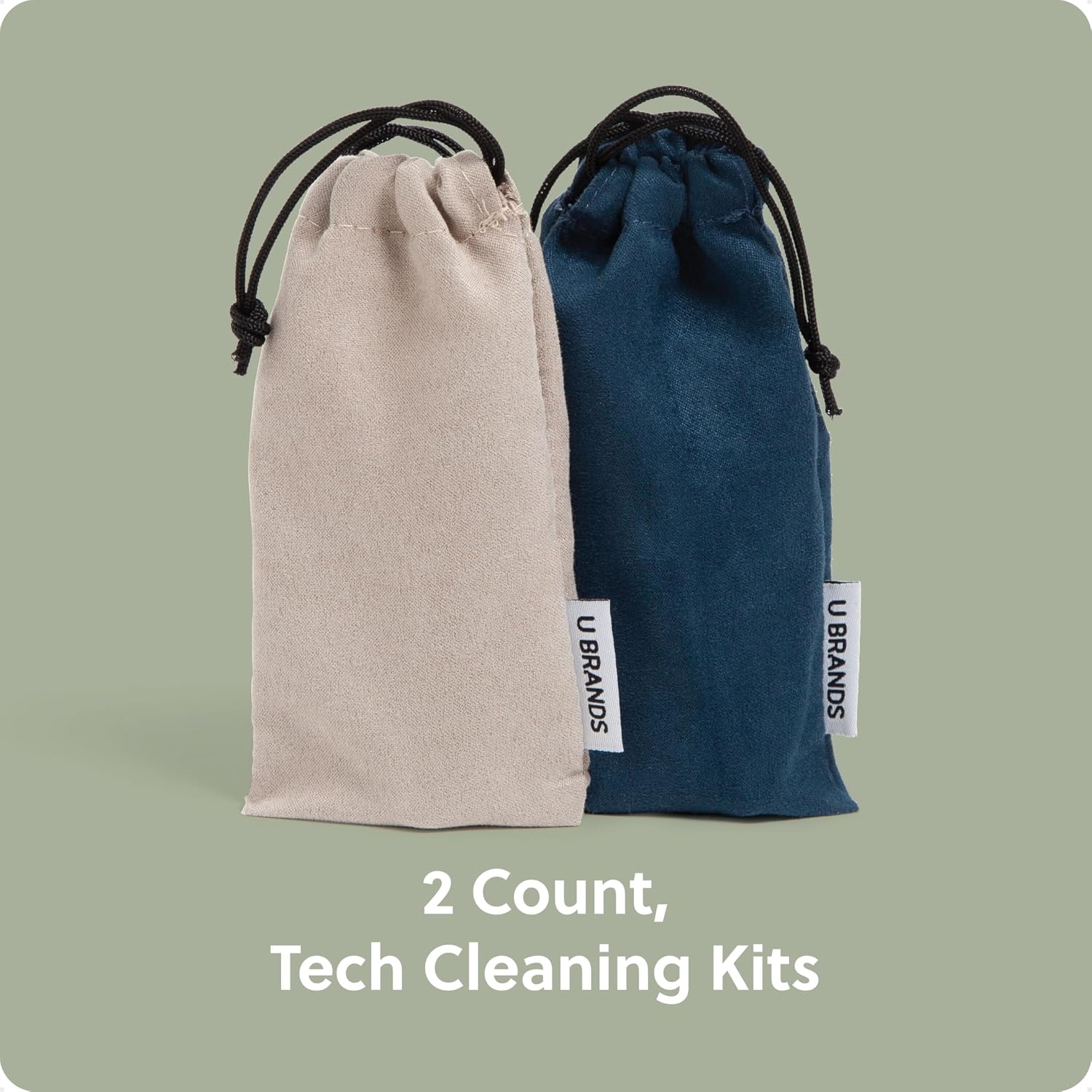 U Brands Tech Cleaning Kit, 2 Pack, Drawstring Pouches in Sand Beige and Storm Blue, Phone Keyboard Screen Cleaner Set for AirPods, Keyboards, and Screens