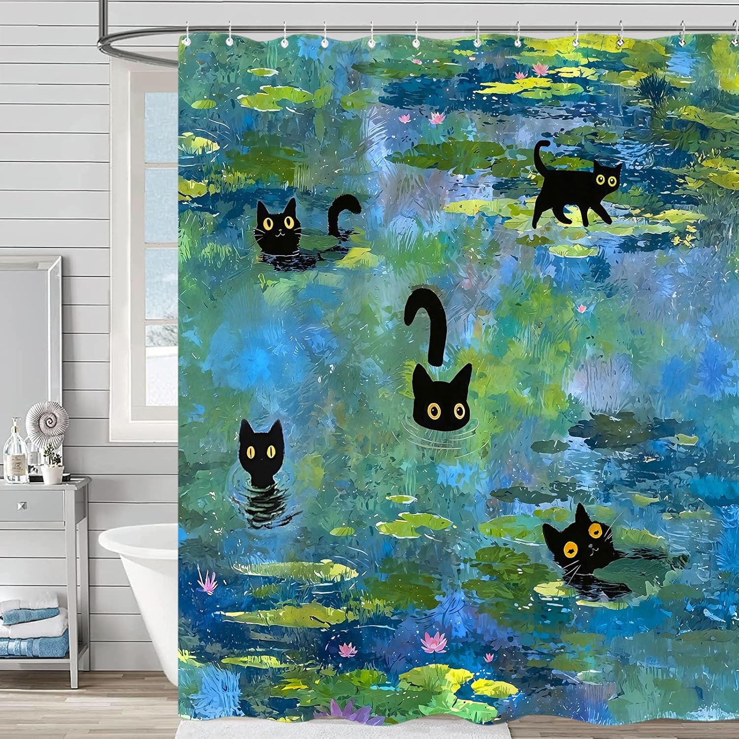 Accnicc Cute Cat Shower Curtain 78 Inch Long Funny Fun Cool Cats Monet Shower Curtains for Bathroom Water Lilies Waterproof Fabric Bath Curtain Decor