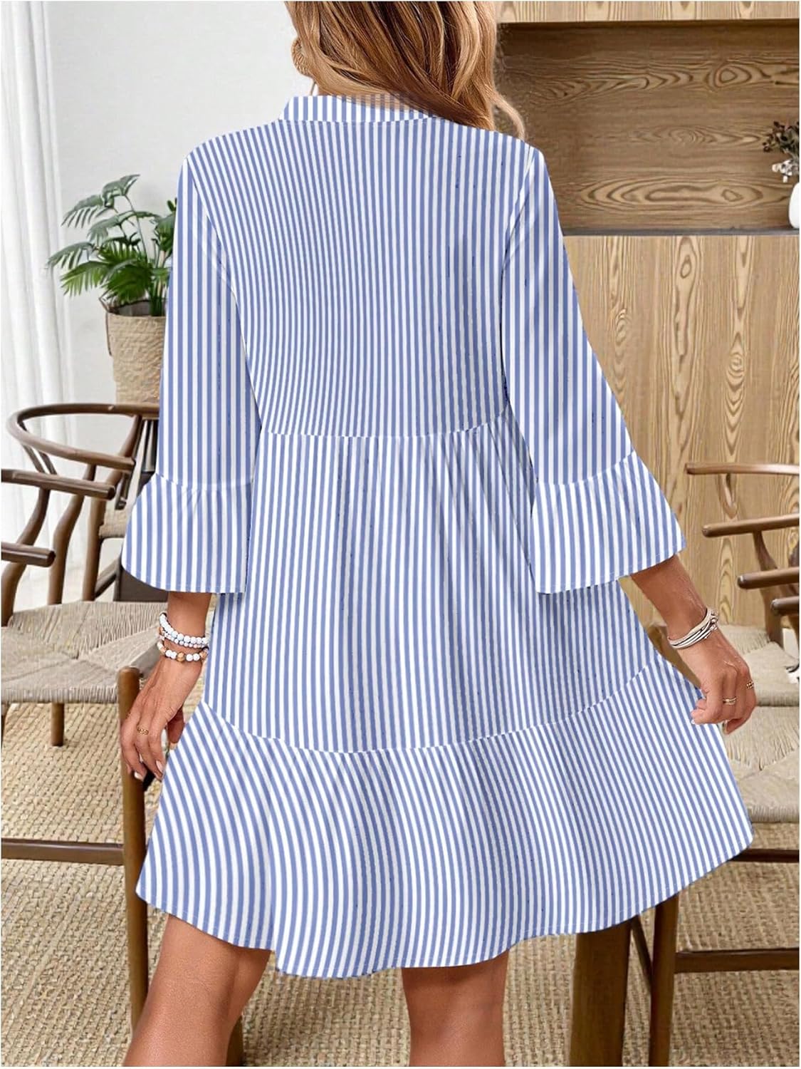 Floerns Women's Floral Tunic Dress 3/4 Ruffle Sleeve Notched Neck Vacation Smocked Boho Dresses - Image 3