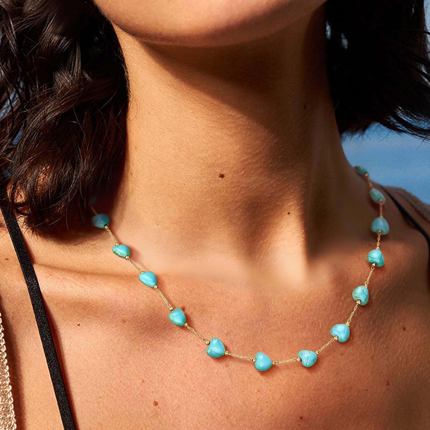 Turquoise Jewelry for Women - 14K Gold Plated Turquoise Necklace for Women Colorful Beaded Necklaces Summer Beach Boho Choker Bead Gift - Image 2