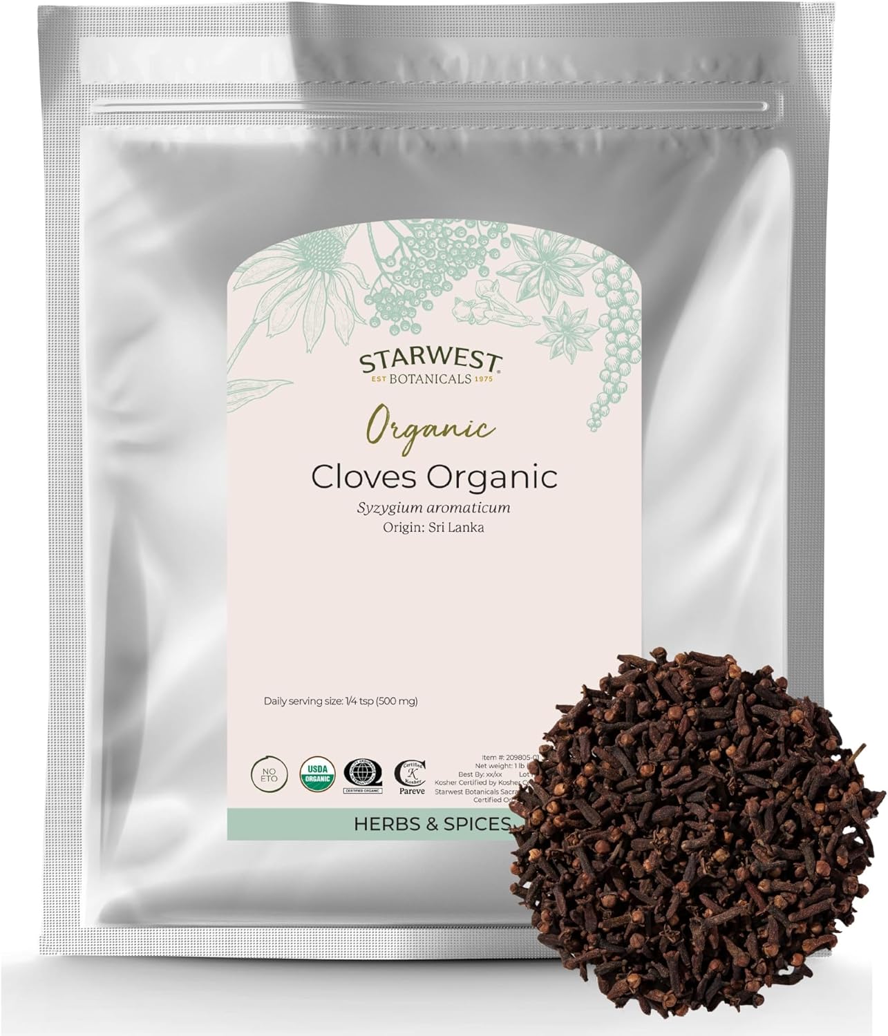 Starwest Botanicals Organic Cloves Whole - Dried Spice for Seasoning, Tea, Baking, & Cooking, Natural Source of Antioxidants & Magnesium, Certified Kosher, Non-GMO - Bulk 1 lb Bag
