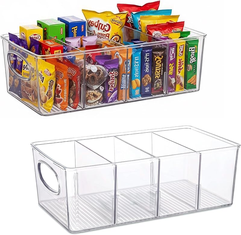 Contenedores de almacenamiento de plástico transparente con divisores extraíbles – Organizador de refrigerios de despensa, organizadores y almacenamiento de despensa de cocina, organizador de cajones de refrigerios, organizador de refrigerador (paquete de 2)