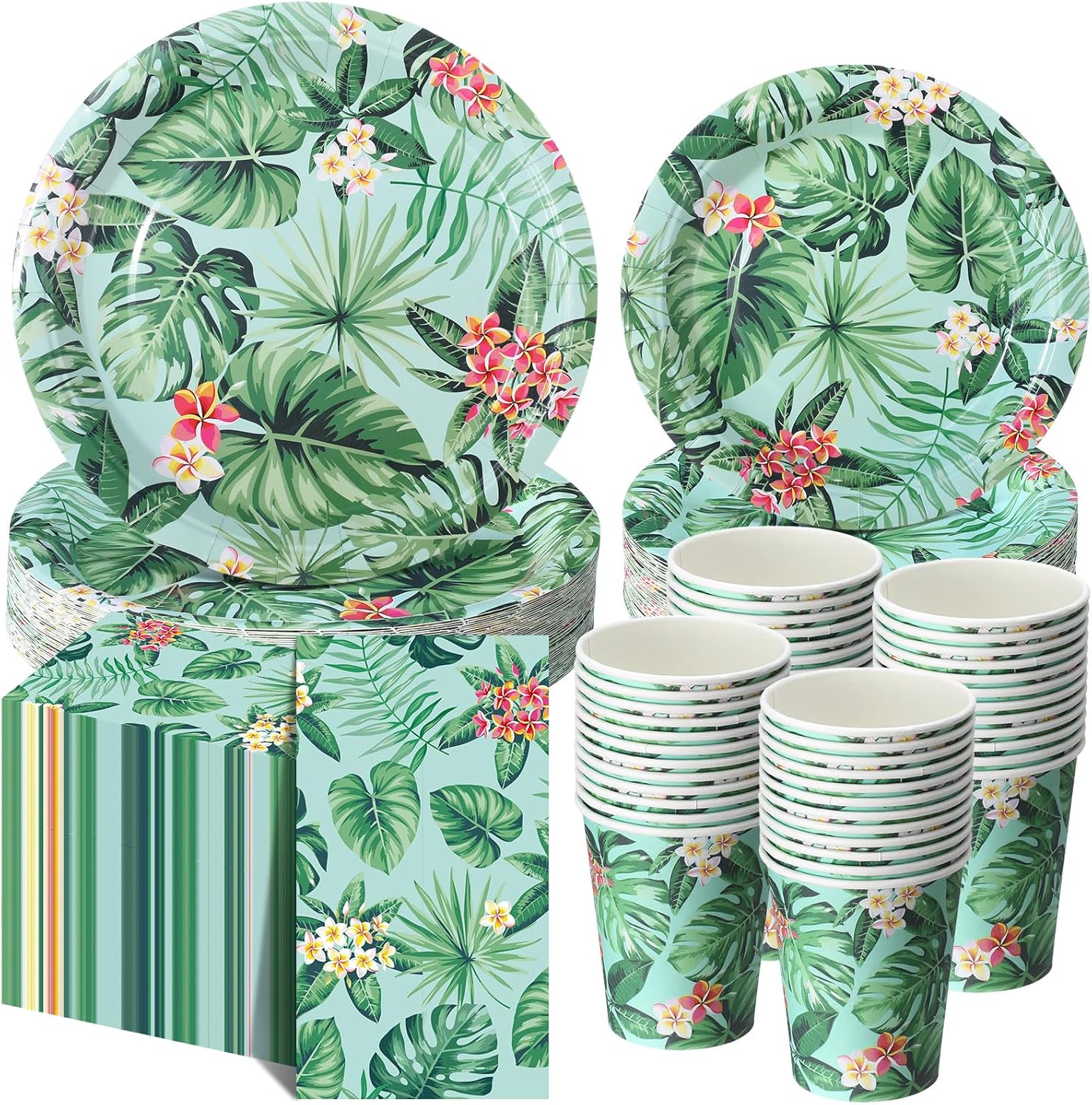 Pickmesh 250 Pcs Hawaiian Paper Napkins Plates Cups Set Tropical Nights Luau Party Supplies Hawaii Aloha Disposable Tableware for Summer Birthday Pool Beach Dinner, Serve for 50 Guests(Monstera)