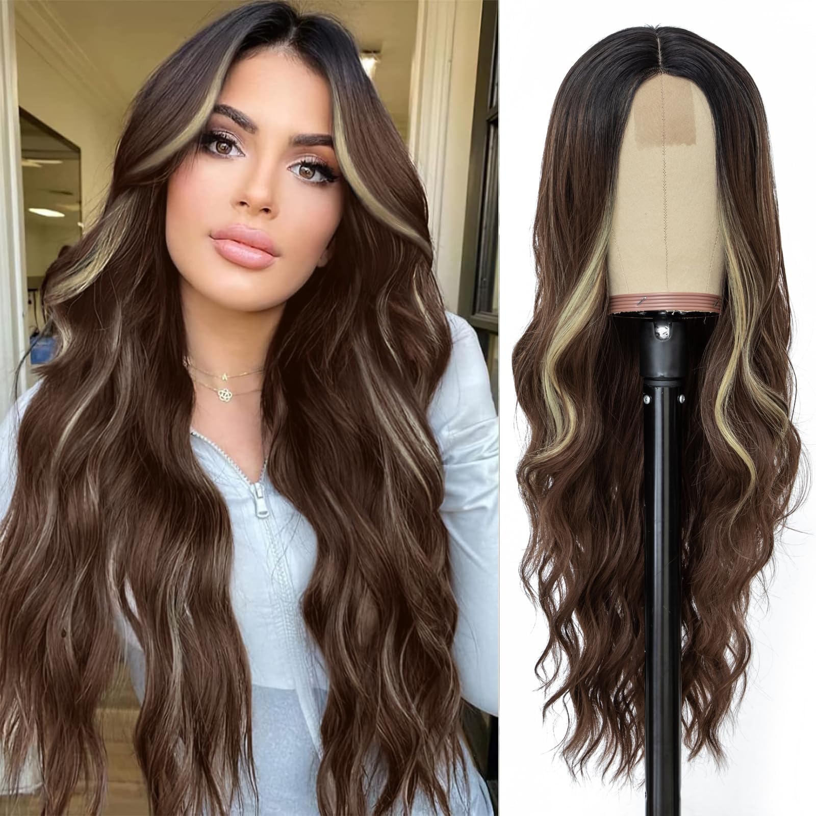 NAYOO Long Brown Mixed Blonde Wavy Wig for Women 26 Inch Middle Part Curly Wavy Wig Natural Looking Synthetic Heat Resistant Fiber Wig for Daily Party Use (Brown Mixed Blonde)