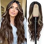 NAYOO Long Brown Mixed Blonde Wavy Wig for Women 26 Inch Middle Part Curly Wavy Wig Natural Looking Synthetic Heat Resistant Fiber for Daily Party Use (Brown Mixed Blonde)