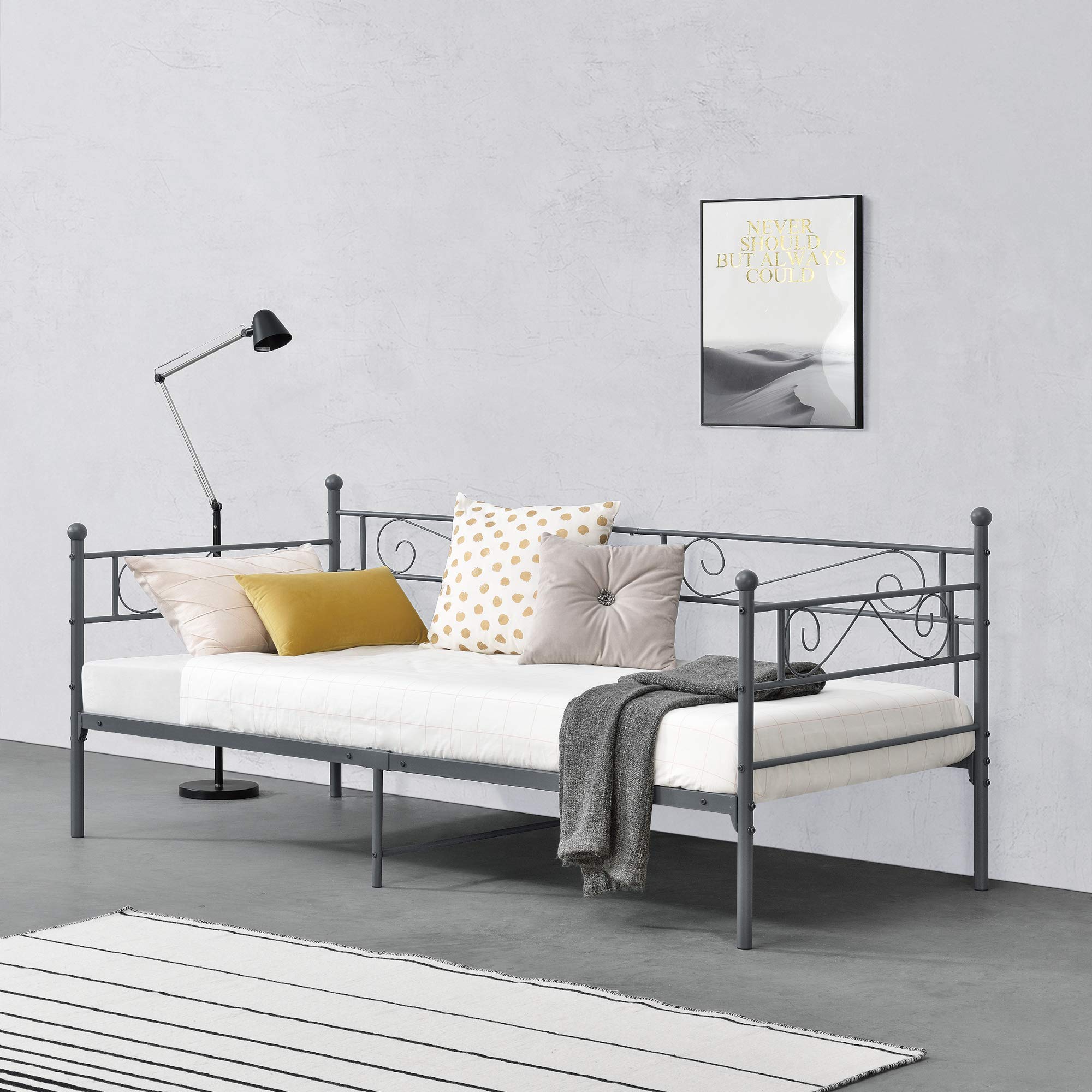 [en.casa] Struttura Divano in Metallo a 2-3 Posti Seduta con Schienale e Braccioli Decorativi Letto Singolo in Acciaio 90x200 cm Sofà per Soggiorno Camera da Letto Ospiti - Grigio Scuro Opaco