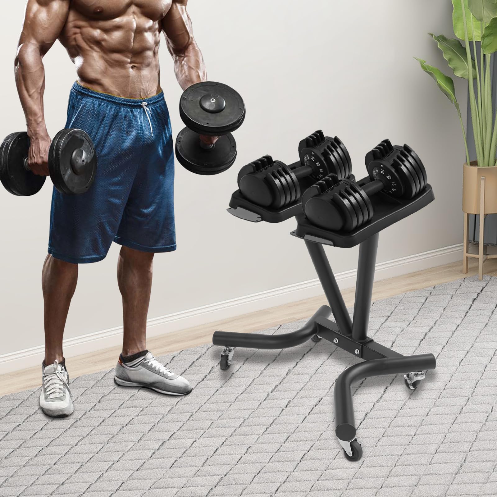 Soporte para mancuernas compacto, soporte de metal ajustable, soporte de pesas multifuncional con ruedas universales, soporte para pesas de hasta 50 kg, 67 x 46 x 54 cm