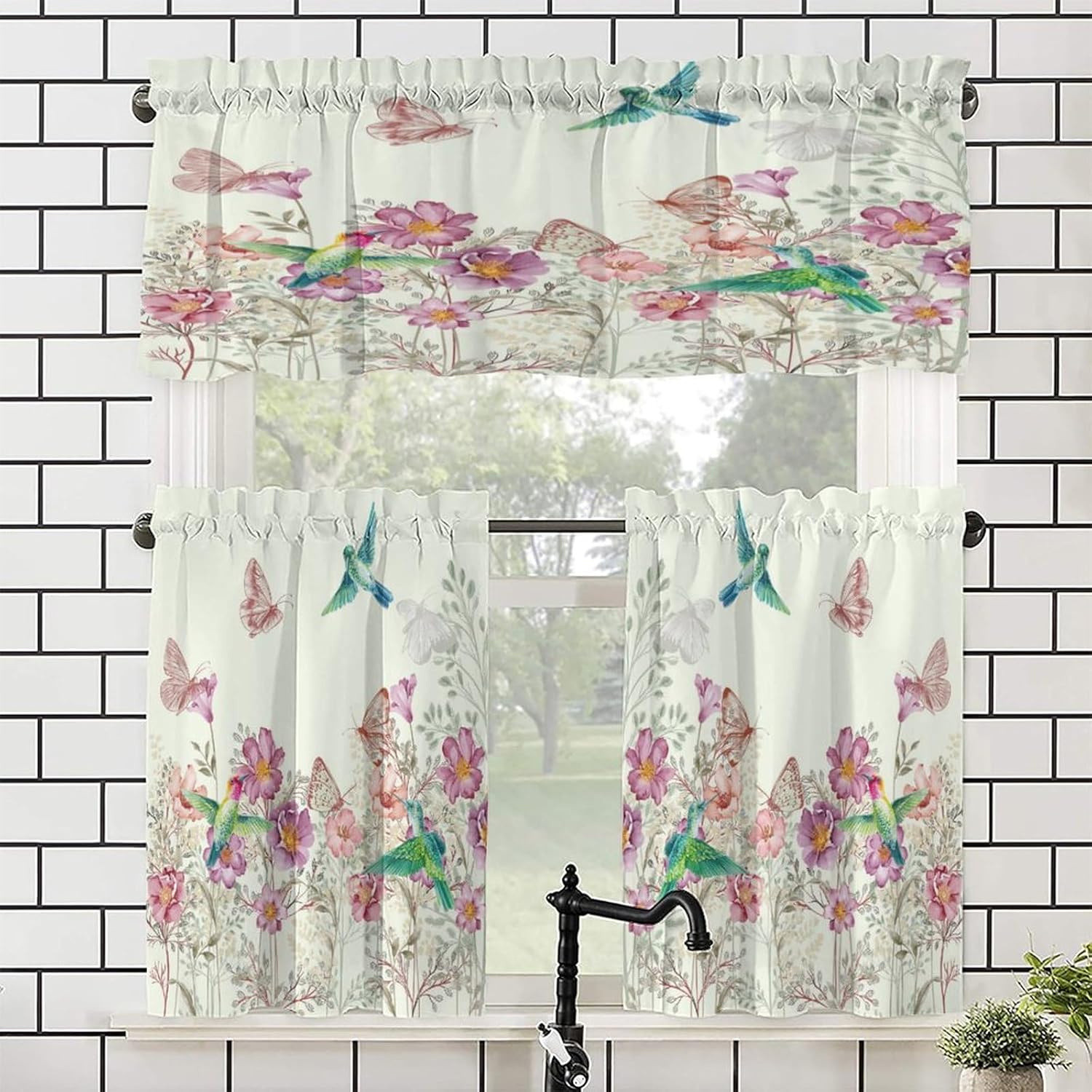 Brebasf Spring Hummingbird Valance for Window Curtains,Abstract Floral Birds Romantic Blue Flowers Rod Pocket Curtains Valance Window Treatment 1 Valance(54"x18")&2 Tiers(27.5"x36")