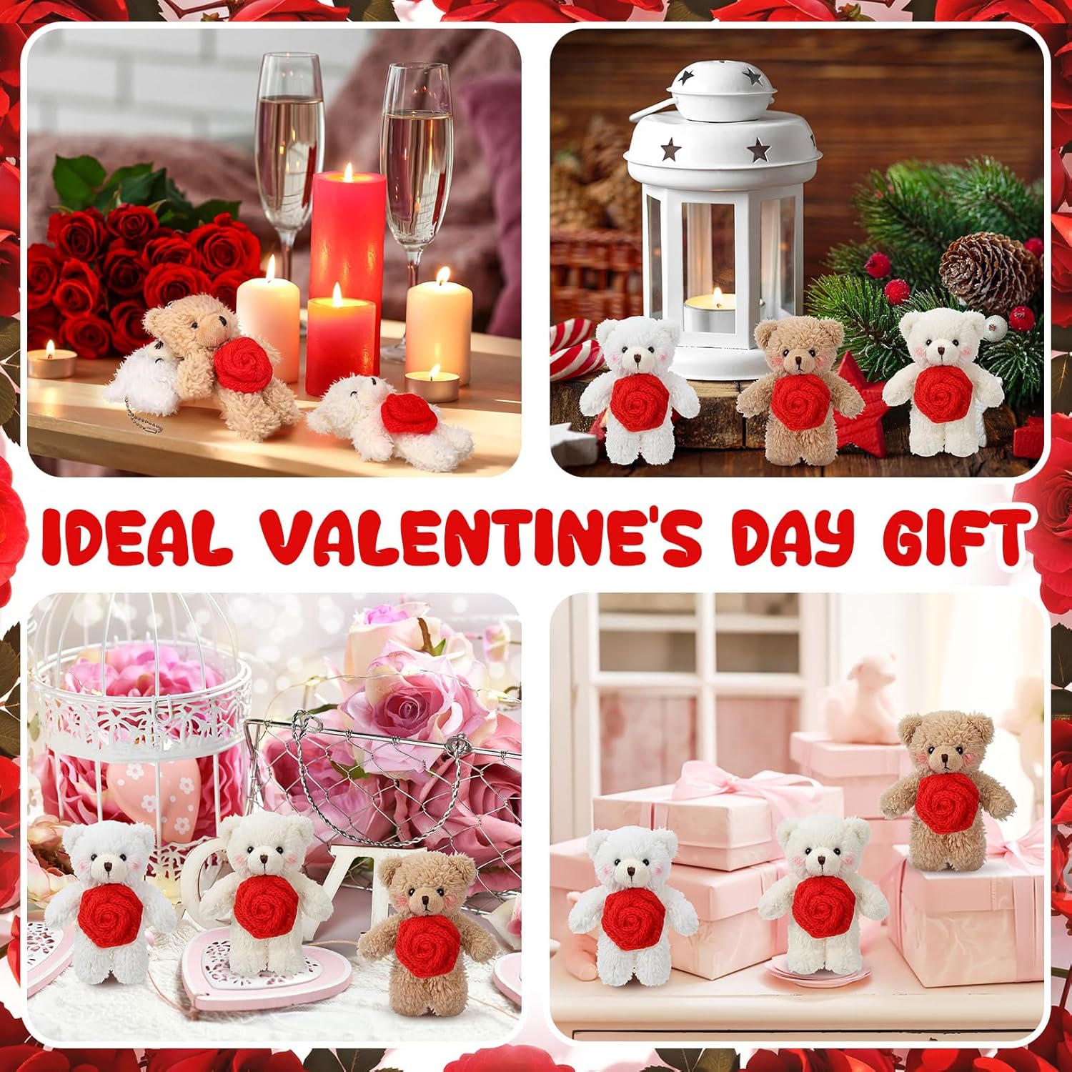 Jenaai 24 Pcs Valentine's Day Mini Teddy Bear Bulk, 5.1 Inch Valentines Day Stuffed Animals Soft Plush Toys for Kids Grils Boys Birthday Gifts Party Favors Wedding Supplies(Rose Bear)