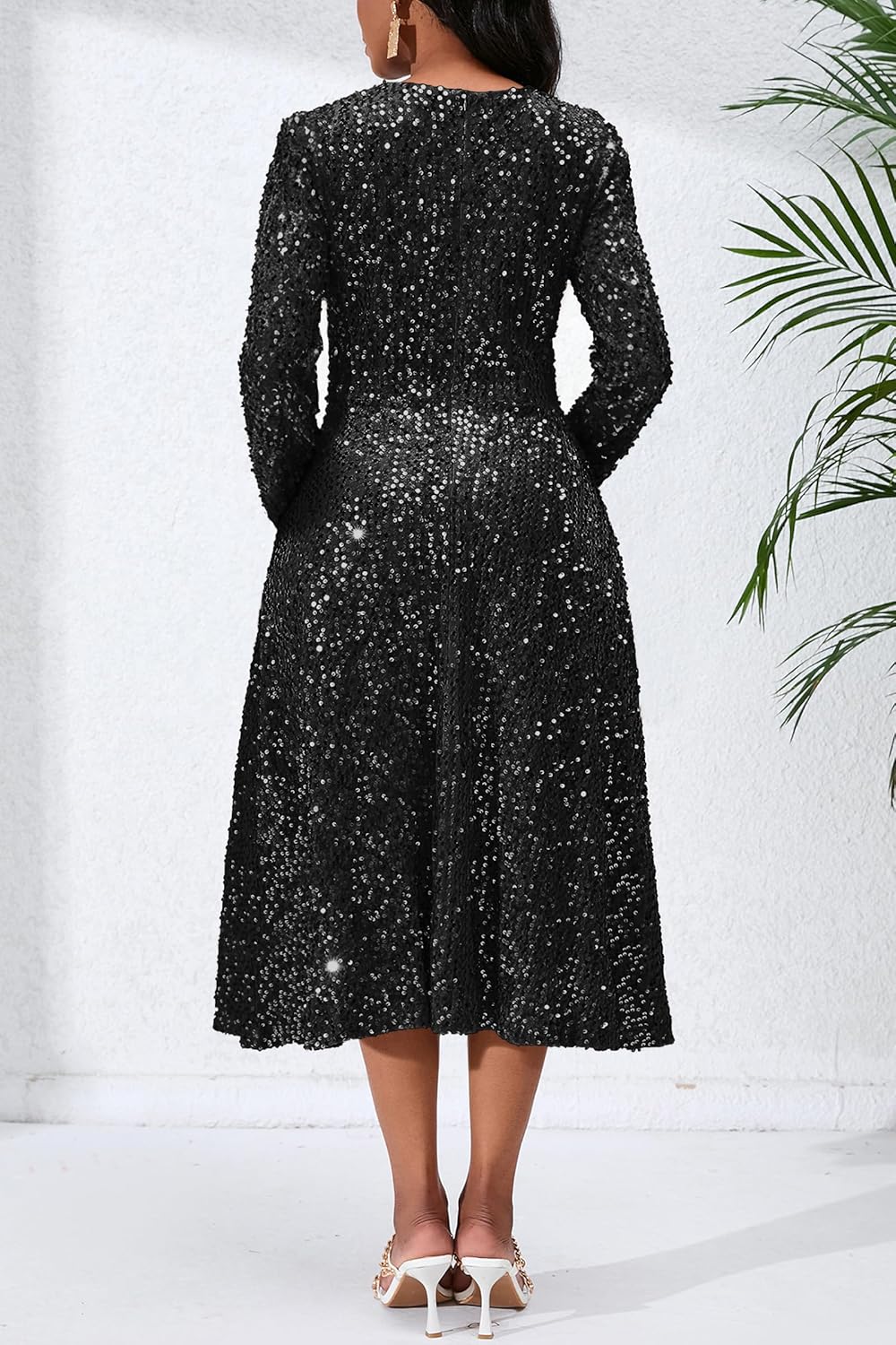 Long Sleeve Glitter Women's Maxi A-line Sparkly Party Evening Cocktai Elegant Sequins Dress - Image 4
