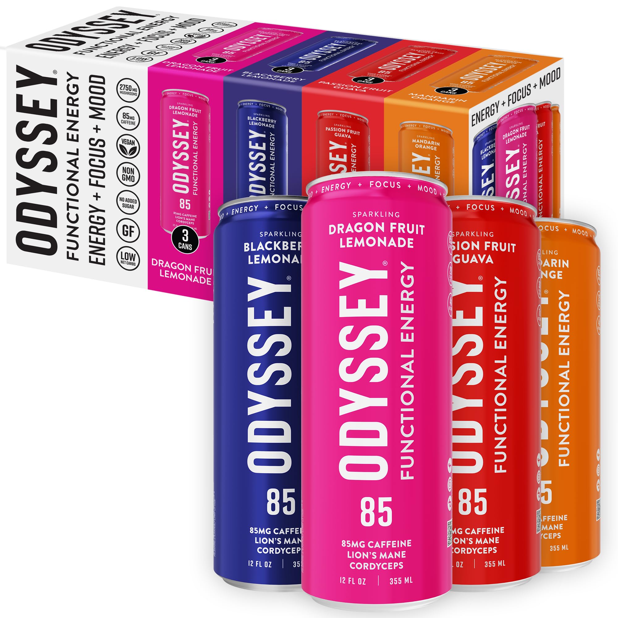 Odyssey Functional Energy Drink for Focus, Cognition & Mood Support 12 Pack - Adaptogenic Drink with 85mg Green Tea Caffeine, Lion’s Mane, Cordyceps, L-Theanine & Ginseng, Variety Pack