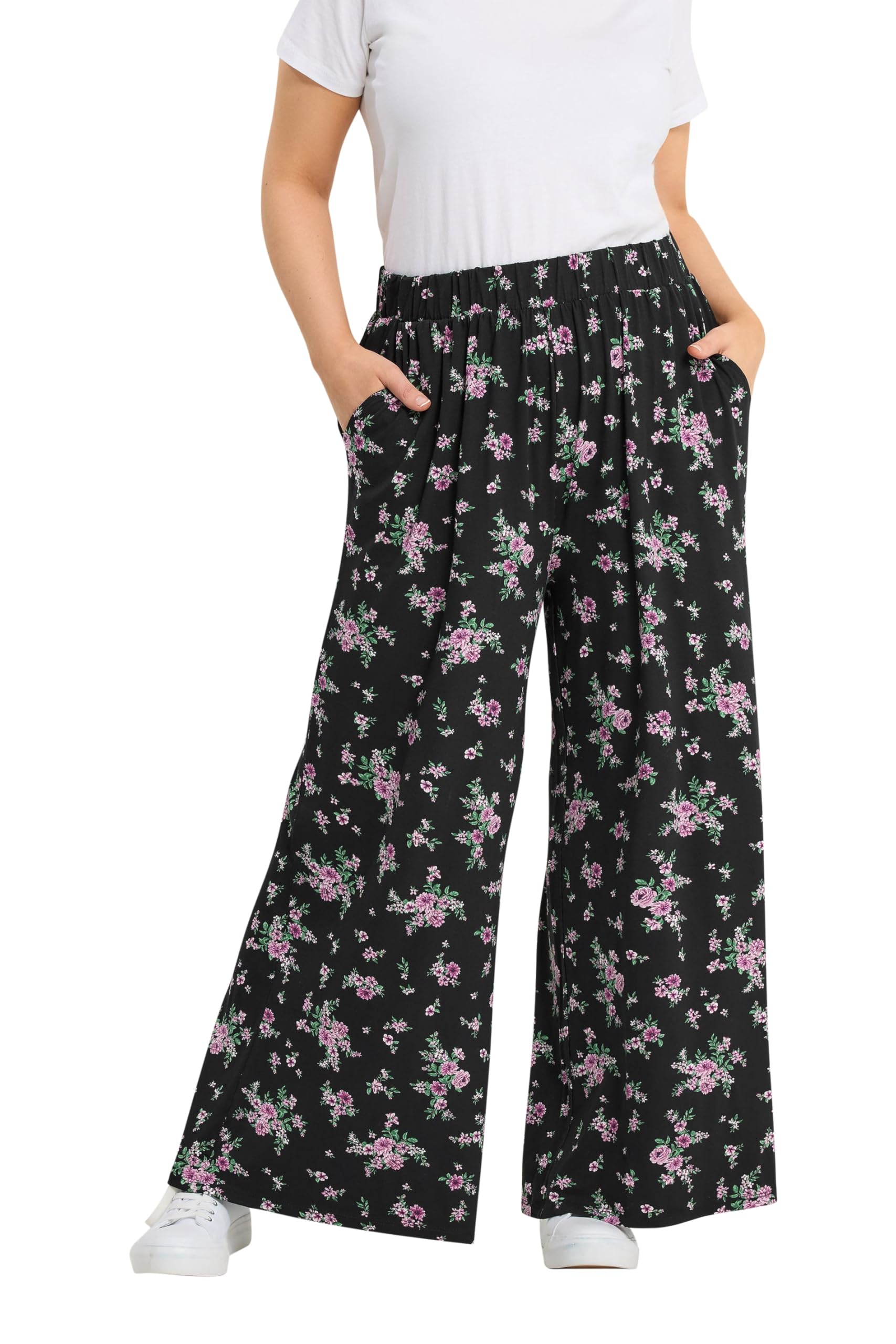 Yours Women's Floral Jersey Wide Leg Trousers in Black | Size: 22-24R