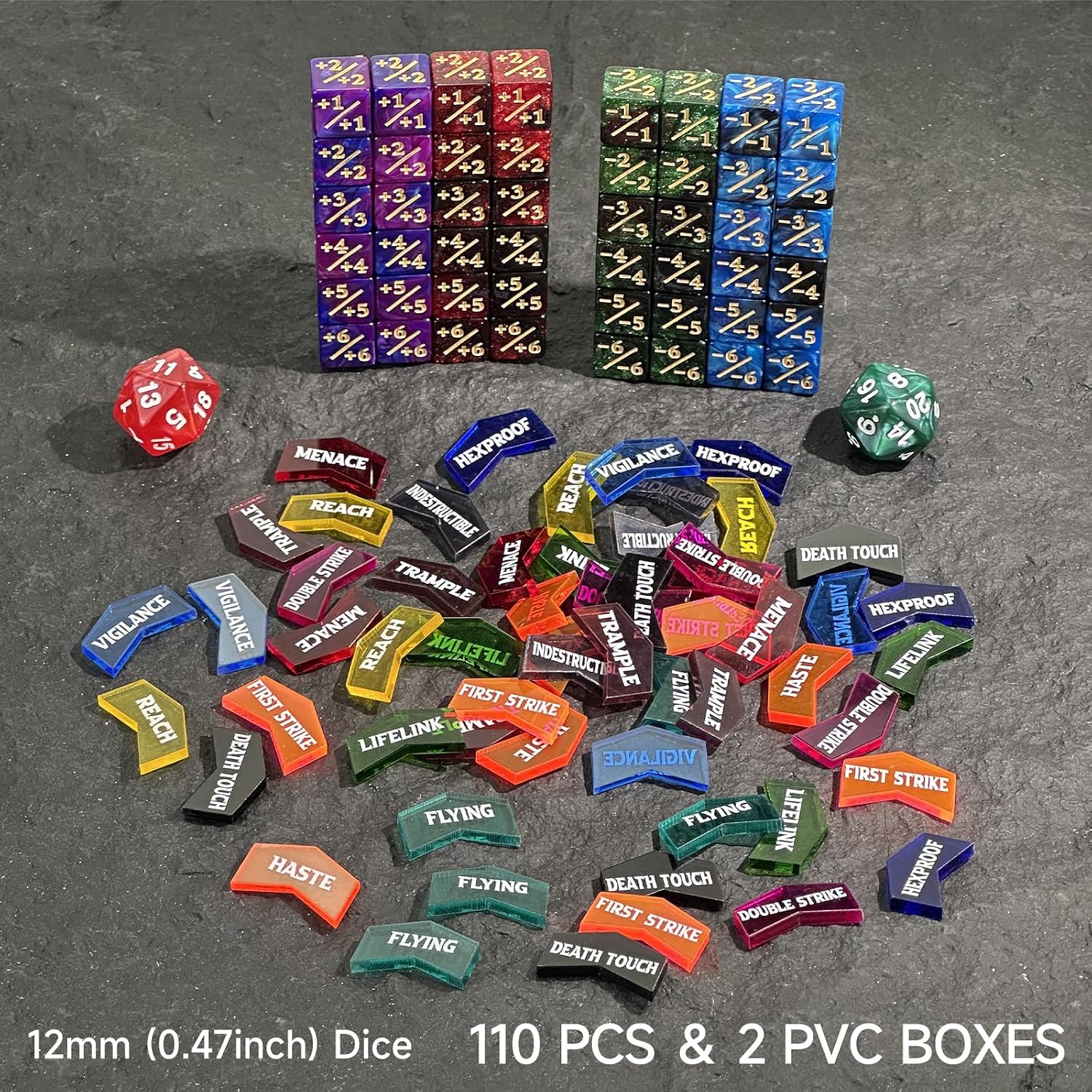 110PCS MTG Tokens & 12mm MTG Life Counter Dice Set for Magic Card with Box, MTG Bulk Ability Tokens D20 Loyalty 6 Sided Dice, Compatible with MTG TCG CCG Magic Card Gaming Accessories