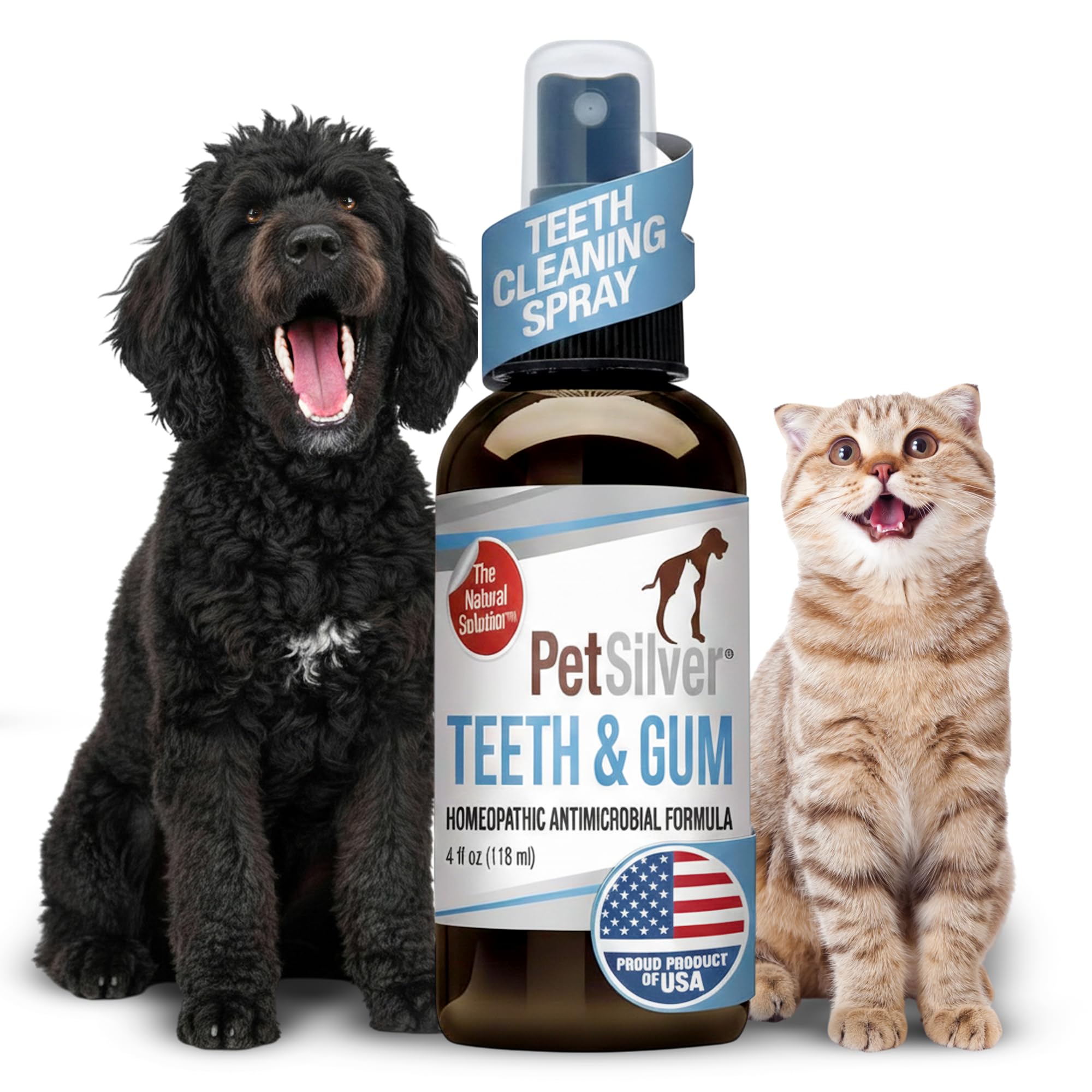 PetSilver Teeth & Gum Spray - Dog Dental & Teeth Cleaning Spray for Plaque & Tartar Build-Up Reduction - Natural Breath Freshener for Dogs and Cats - Patented Chelated Silver - Made in The USA - 4 oz