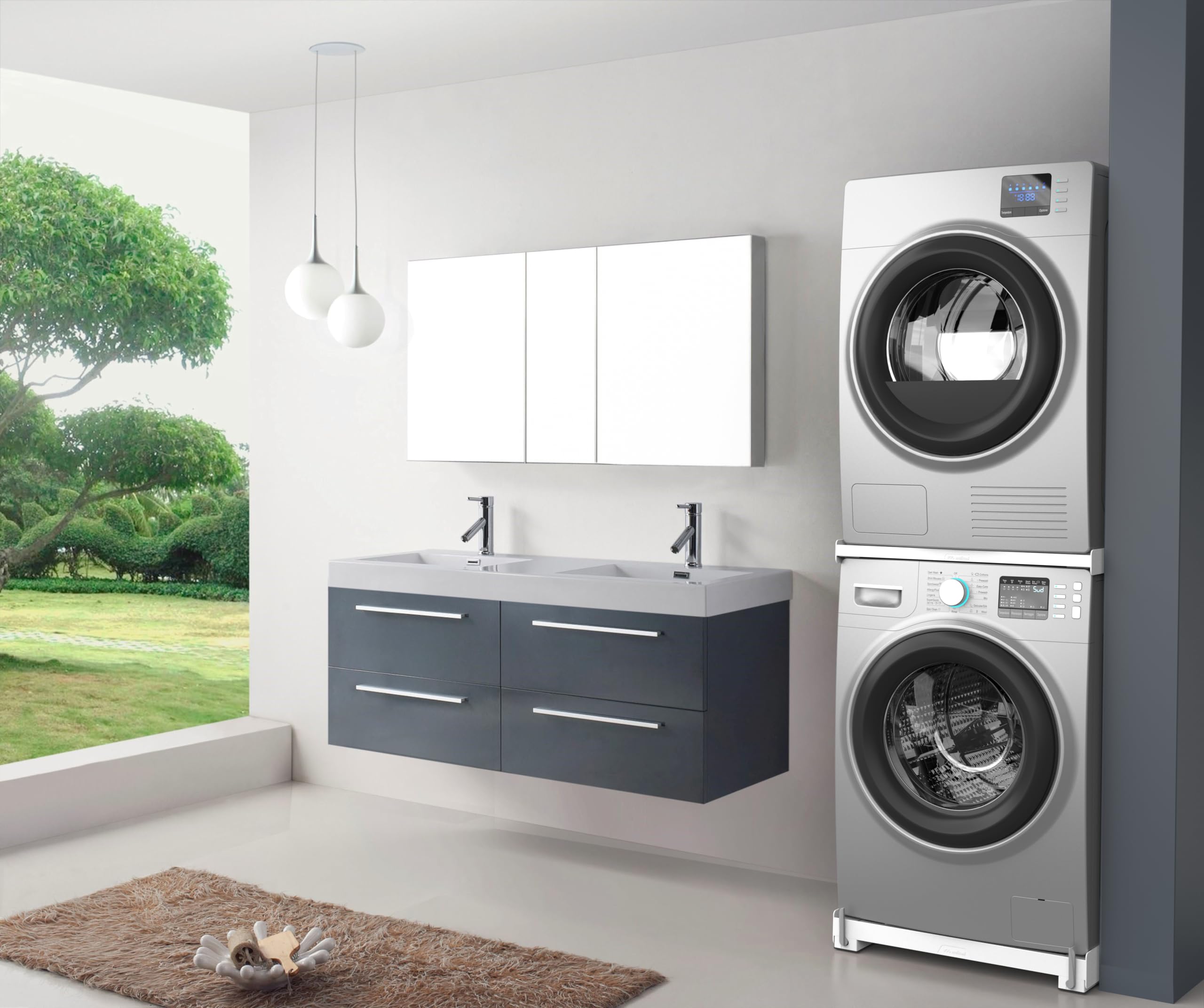 Meliconi Moving Tower, 2-in-1-Set für Waschmaschinen-Trockner | Enthält ein Zwischenbaurahmen und ein Untergestell mit Rollen und Bremsen, Struktur 30% Recyceltem Kunststoff, 250 kg, Weiß