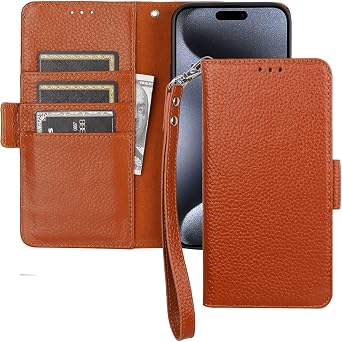 Bocasal Wallet Case for iPhone 15 Pro Max 5G, Genuine Leather Support Wireless Charging RFID Blocking Flip Case Card Slots Holder, Kickstand Book Folding Folio Cover with Wrist Strap 6.7 Inch Brown