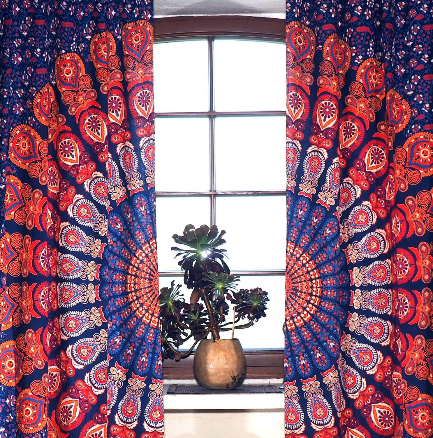 GURU SHOP Boho Vorhänge, Gardine mit Schlaufen, Mandala Motiv, blau/rot