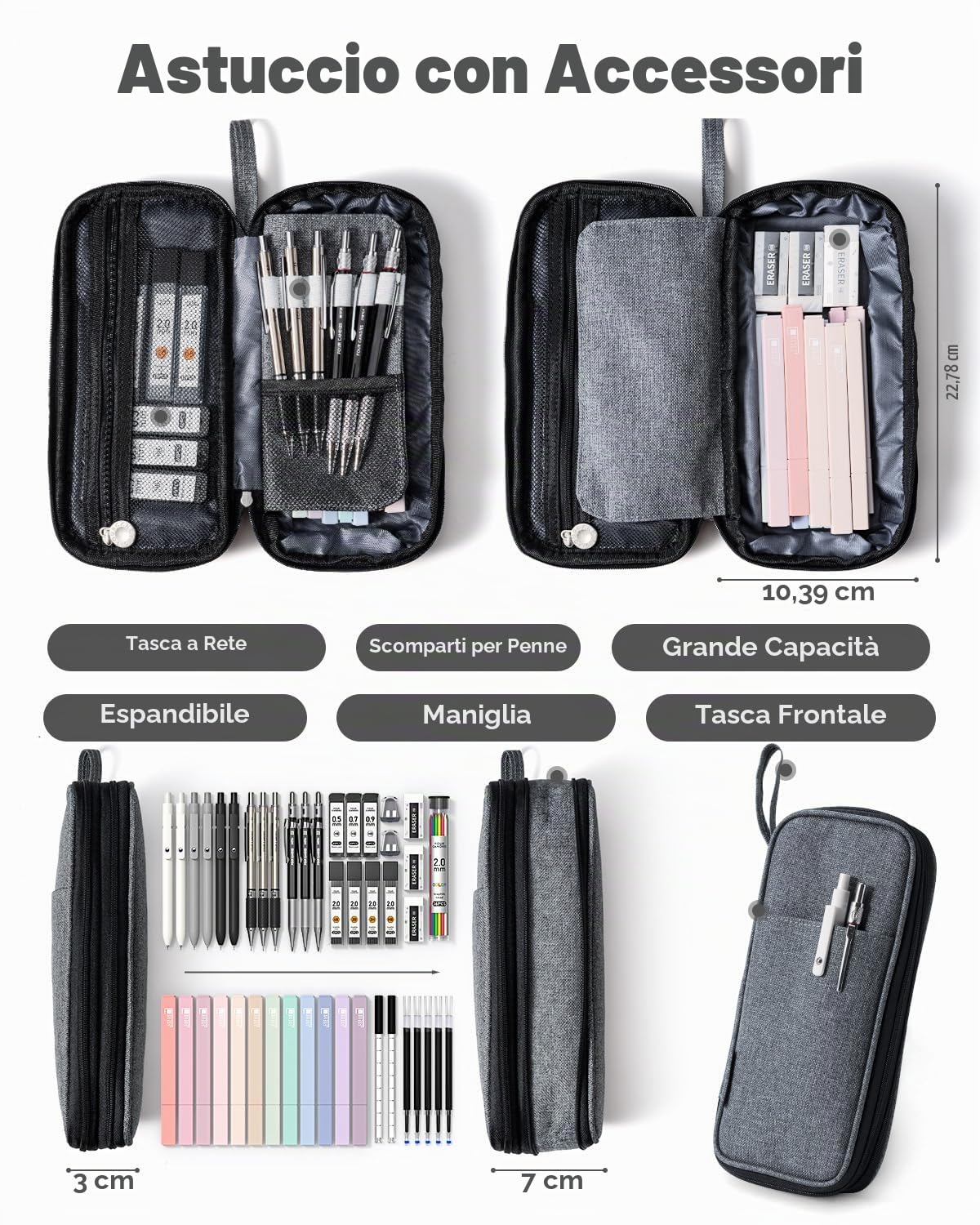 Four Candies Set di 45 Pezzi Forniture Scolastiche Estetiche con Grazioso Astuccio, 12 Evidenziatori Pastello, 5 Penne Gel Inchiostro Nero, 6 Set di Matite Meccaniche per Studenti Cancelleria