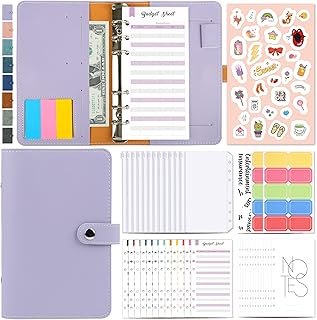 Pasta com 6 argolas, orçamento - Caderno esquerdo solto com 6 furos com bolsos para fichário Envelopes para dinheiro Folhas de orçamento Etiquetas para notebook Caderno de argolas