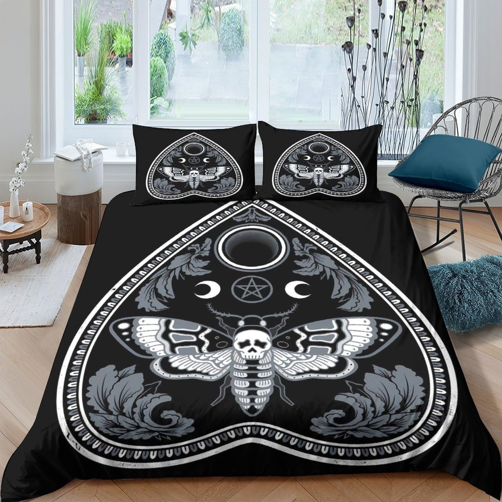 Ctjqhvkz Style-2 3D Printed Gothic Skull Moth Fitted Sheet Microfiber Black Occult Bed Cover Anti-Slip Bedroom Dorm Mattress Protector Decor Single（135X200cm）