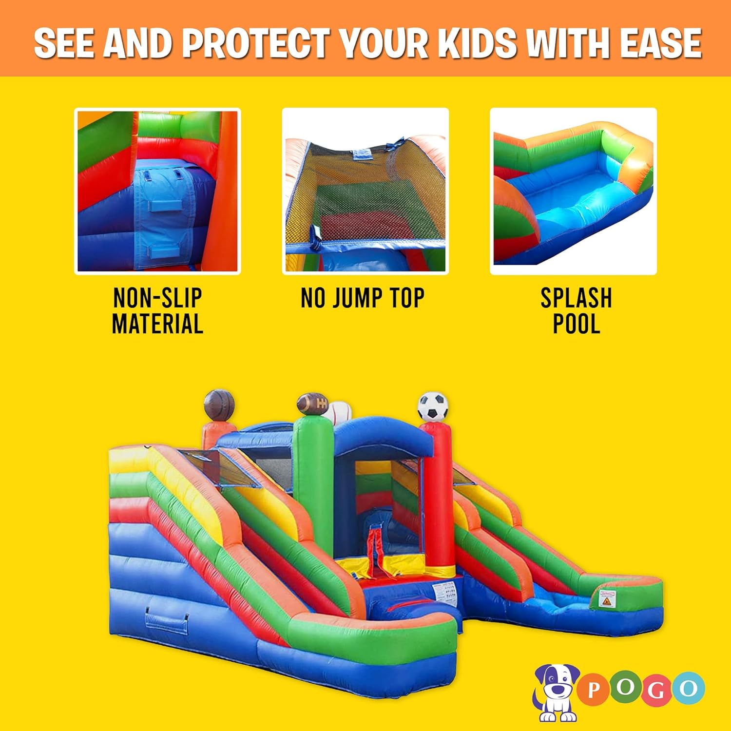 Pogo Bounce House Inflatable Bounce House and Double Slide Combo Unit 16.5 x 15 x 11 Foot- Crossover Sports, Kids Outdoor Toys, Jumpers for Kids - with Blower, Stakes, and Storage Bag